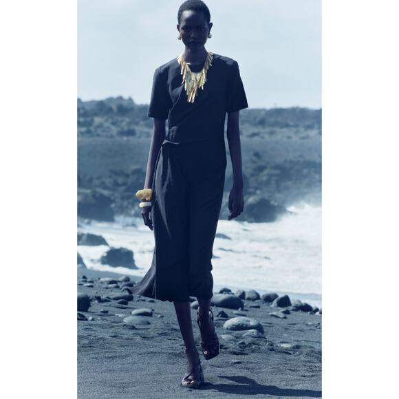 Zara Women's Collection Side Draped Mixi Dress Black Linen Blend Old Money S - Picture 5 of 15